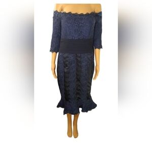 Navy Blue Lace Off-the-Shoulder Dress by IZIDRES